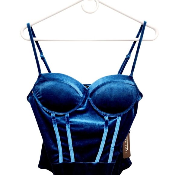 Blue Velvet Bodysuit With Adjustable Straps & Snap Closure - Size M Haute Monde - Picture 5 of 13